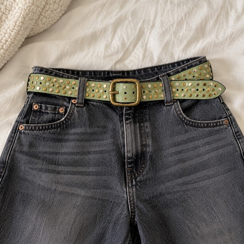 Sage Green Faux Leather Studded Belt Buckle Mixed Metal Studs 44 inches